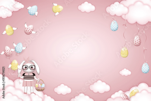 Happy Easter frame, dressed Bunny girl in glasses holds a basket of Easter eggs on pink background with winged easter eggs and clouds, free space in the middle of illustration