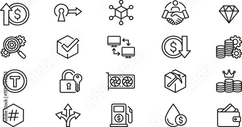 Collection of abstract line art icons representing digital finance concepts like cryptocurrency growth, investment, and secure transactions