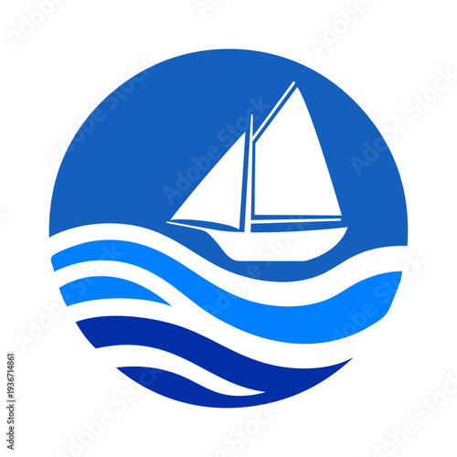 Logotipo nautical. Silueta de barco de vela con olas de mar en círculo 
