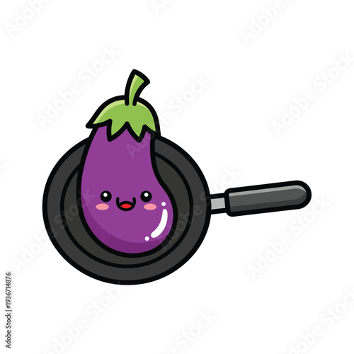 A cartoon purple eggplant with a smiling face in a frying pan