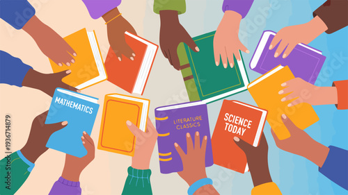 Diverse hands holding colorful books in a circle symbolizing sharing knowledge and education