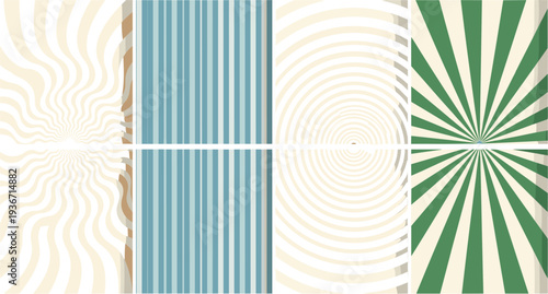 Abstract Spiral and Striped Background Patterns Set with Vibrant Geometric Shapes