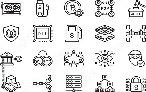Diverse icon set illustrating blockchain technology, cryptocurrency mining, NFTs, and decentralized finance applications