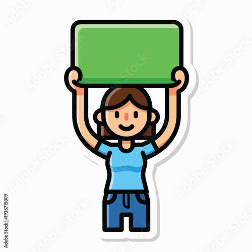 A cartoon woman holding a green sign