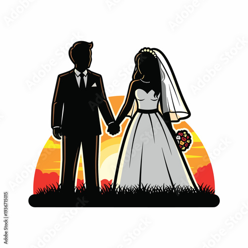 A bride and groom in silhouette against a vibrant sunset