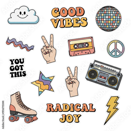 scattered, isolated die-cut vector stickers and patches with thick black outlines, 'good vibes' 90s typography, and pop art icons on white, concept of playful 90s y2k aesthetic