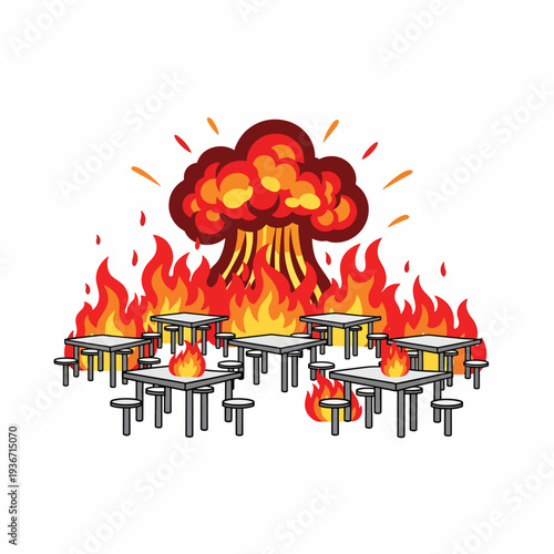 A cartoon-style illustration of a massive explosion behind tables