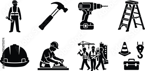 Professional Collection of Construction Icons Featuring Hand Tools, Heavy Machinery, Safety Equipment, and Builder Silhouettes for Industrial and Engineering Projects