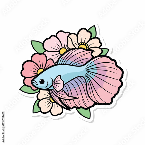 A blue betta fish surrounded by pink and white flowers (1)
