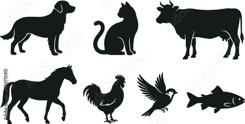 Detailed Illustration of Animal Silhouettes Collection Featuring Dog, Cat, Cow, Horse, Rooster, Bird, and Fish Symbols