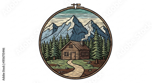 Cozy cabin in mountains with smoke rising from chimney surrounded by trees and winding path