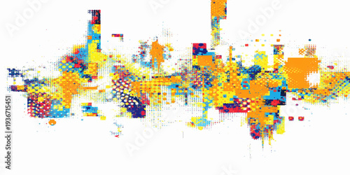 Abstract colorful background featuring a vector world map illustration with multicultural people icons, paint splashes, and stars in a vibrant collage pattern design