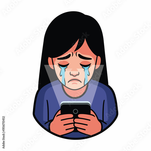 A cartoon woman crying while looking at her smartphone