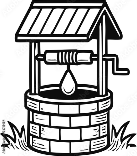 Old stone water well with wooden roof and bucket crank handle hand drawn line art illustration isolated on transparent background
