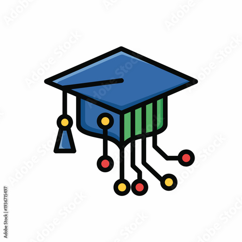 A blue graduation cap with green stripes and circuit-like legs