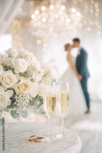 Wedding Champagne Glasses and Rings with Romantic Couple in Background