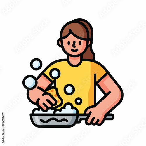 A cartoon woman washing dishes