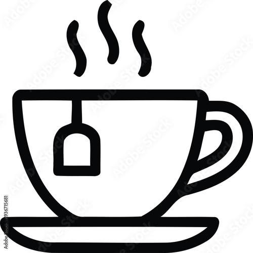 Steaming cup of tea with tea bag inside on saucer line art vector illustration simple flat design icon