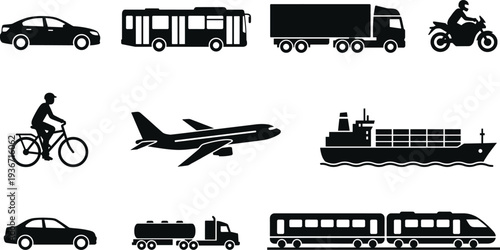 Detailed Illustration of Transportation Icons Featuring Silhouettes of Car, Bus, Truck, Motorcycle, Bicycle, Airplane, Cargo Ship, and Train Symbols