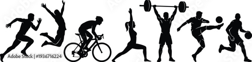Detailed Illustration of Professional Athletes Collection Featuring Silhouettes of Running, Jumping, Cycling, Yoga, Weightlifting, Football, and Basketball Activities