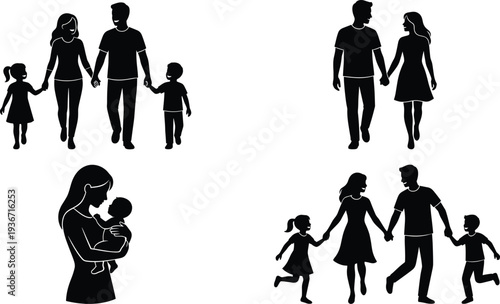 Detailed Illustration of Happy Family Silhouettes Featuring Parents and Children Walking Together, Holding Hands, and a Mother Cradling a Baby