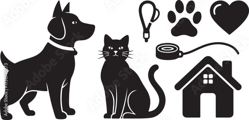 Black silhouettes of dog and cat with pet accessories