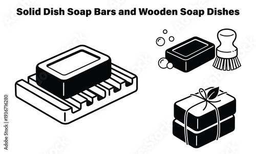 Eco friendly solid dish soap bars in wooden soap dishes