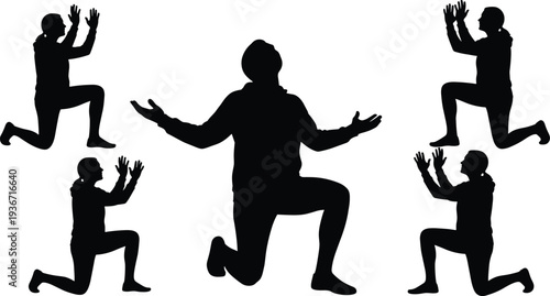 prayer, praying, man, silhouette, worship, religion, faith, spiritual, kneeling, devotion, prayerful, hope, meditation, gratitude, belief, isolated, black, vector, illustration, spirituality