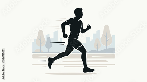 Detailed Illustration of a Man Running or Jogging in a City Park Featuring a Dynamic Silhouette Style for Fitness and Active Lifestyle