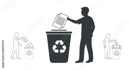 Recycling concept showing people discarding paper into bins a silhouette