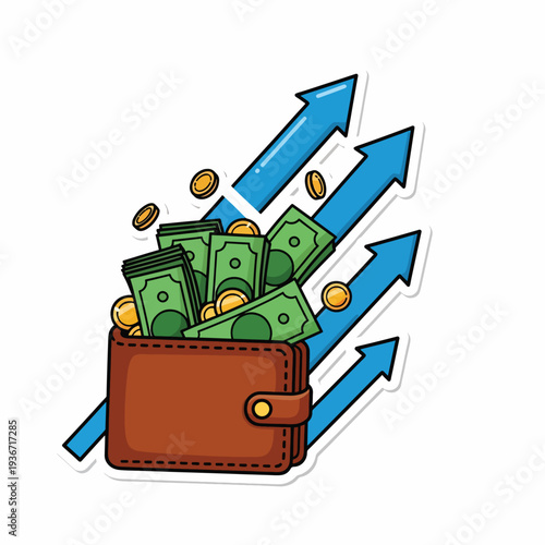 A cartoon wallet overflowing with cash and coins