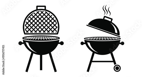 Two black kettle grills shown in open and closed positions silhouette
