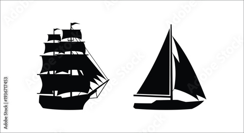 Black silhouettes of a sailing ship and a small sailboat silhouette