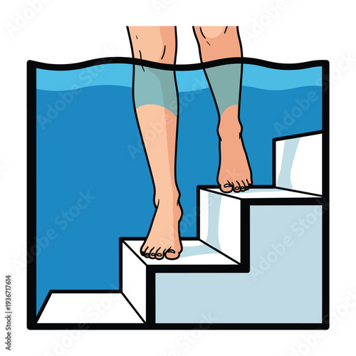A cartoon illustration of legs stepping into a pool
