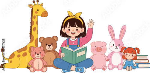 Cute little girl sitting and reading a book to her stuffed animal toys, preschool education and imagination concept