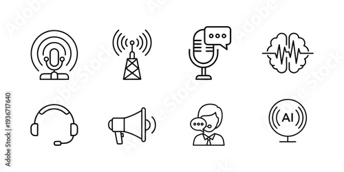 Collection of icons related to communication broadcasting and artificial intelligence