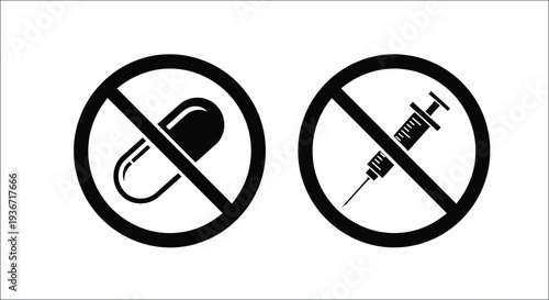 Prohibition signs depicting pills and syringes in stark black silhouette