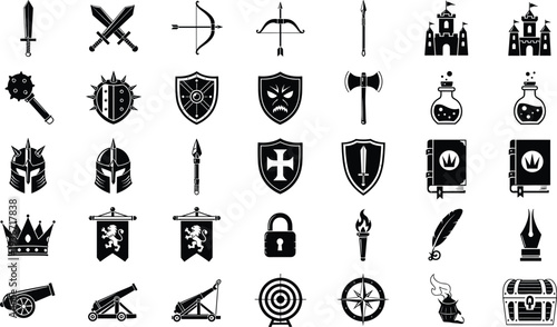 Medieval Fantasy Silhouette Icon Set with Sword Shield Castle Crown Cannon Torch and Heraldic Symbols Vector Illustration