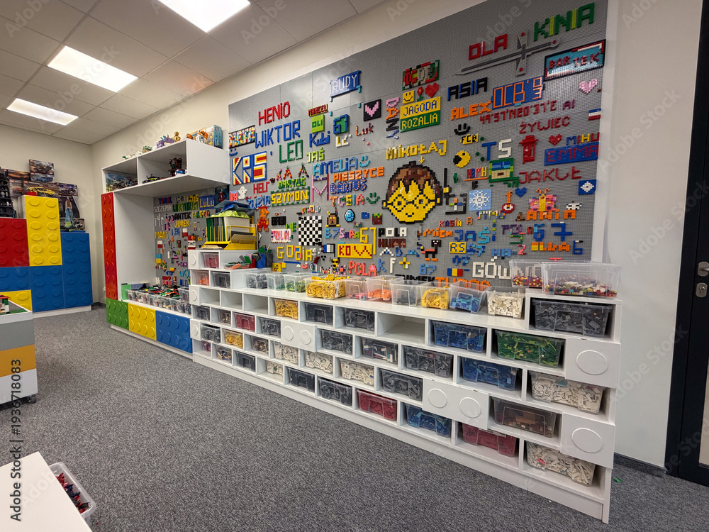 Fototapeta premium Organized lego studio wall with sorted bricks