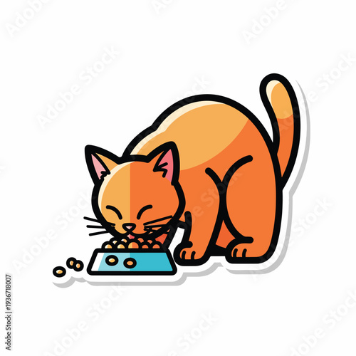A cartoon orange cat eating from a blue bowl