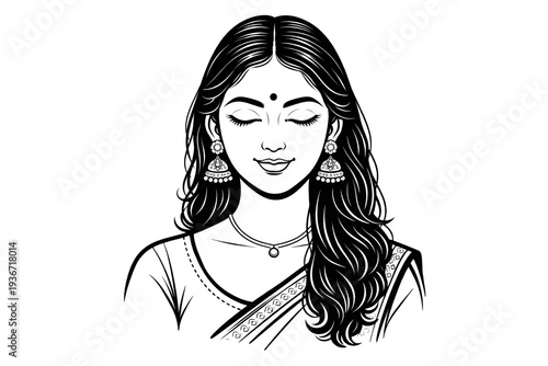 Serene Indian Woman with Closed Eyes, Bindi and Saree Line Art Portrait Illustration