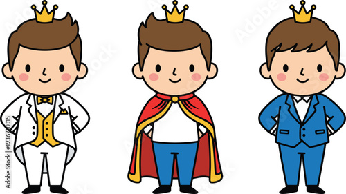 Cute cartoon prince character set with crown, royal cape and formal suit, kids fairy tale mascot illustration isolated on white