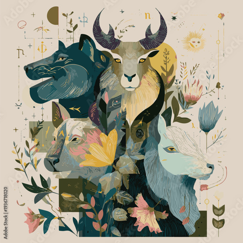 Generate A Illiustrated Poster with Wild animals and mythology creature, plant and astrology element. Modern Trendy poster with vector illustration