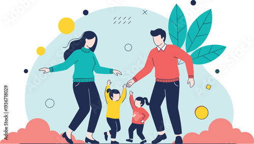 Happy family with two children dancing together, flat vector illustration of parenthood and joy