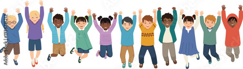 Large group of diverse happy children jumping and cheering together, joyful childhood and unity concept cartoon illustration