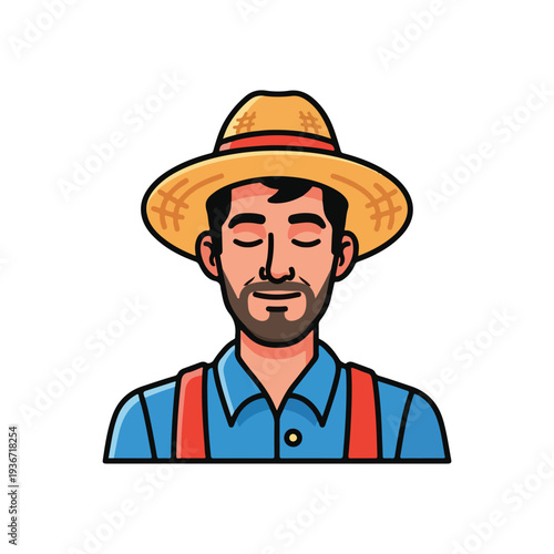 A cartoon farmer with a hat and overalls