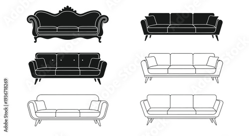Four diverse sofa designs presented in a striking black silhouette
