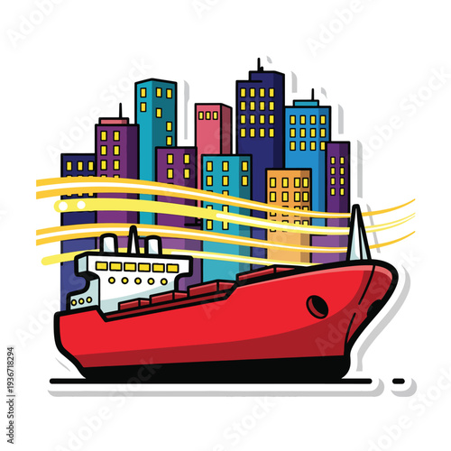 A cartoon red ship in front of colorful city skyline