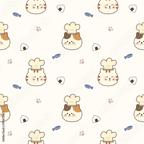 Chef cat cartoon so cute. On fish onigiri footprints background. Pattern seamless vector illustration. 