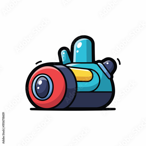 A cartoonish robotic head with a large eye